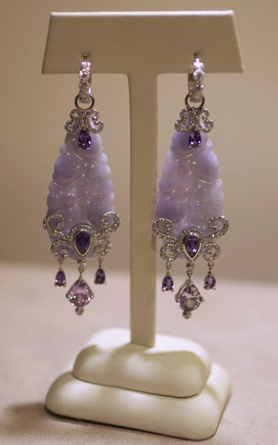 Erica Courtney: Carved jadeite, purple scapolite, lavender spinel, and diamond earrings