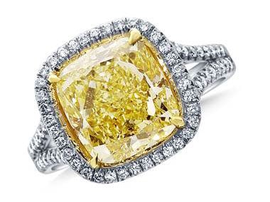 Fancy Yellow Cushion Cut Diamond Split Shank Halo Ring in Platinum