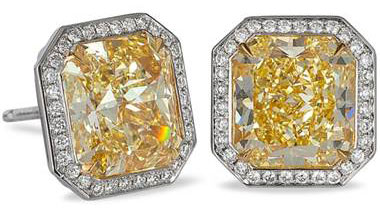 Fancy Yellow Radiant Cut Diamond Halo Stud Earrings - in Platinum - (7.24 CTW) by Ritani