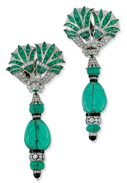 A pair of emerald, diamond, and onyx earrings by Fred Leighton