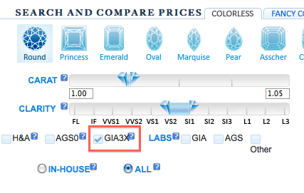 GIA Triple Excellent button on Pricescope's diamond search page
