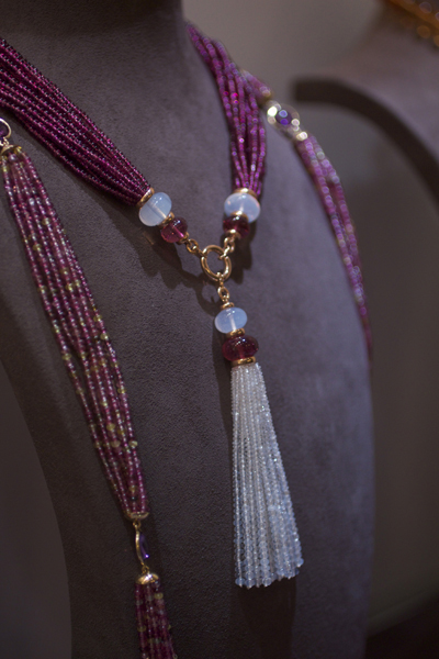 Goshwara Rubellite and moon quartz tassel necklace