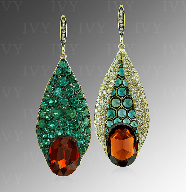 Spessartite (17.31 carats), color-change garnet (13.10 carats), and diamond earrings by Ivy New York