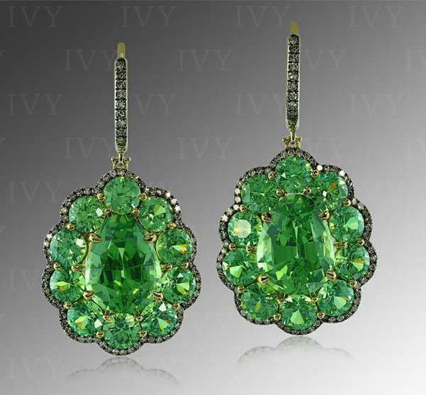 Tsavorite (8.66 carats), Demantoid (6.14 carats), and diamond earrings by Ivy New York