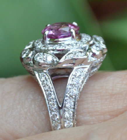 Catmom's Unique Pink Sapphire Halo Ring (Side View) - image by Catmom