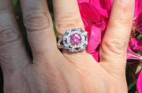 Catmom's Unique Pink Sapphire Halo Ring (Hand View) - image by Catmom