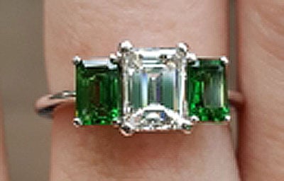 LawmaLlama's Three Stone Emerald Cut Diamond and Tsavorite Ring  (Top View) - image by LawmaLlama