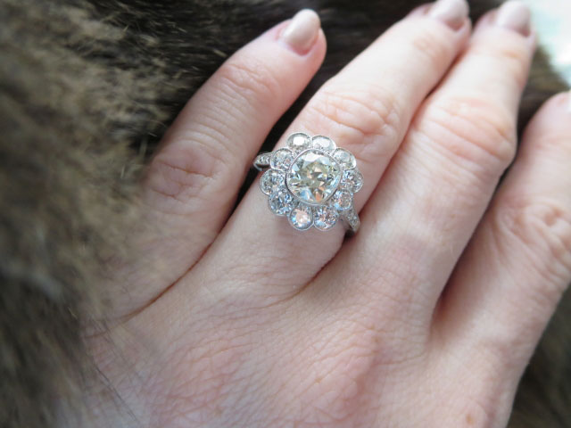 RaiKai's Vintage Cushion Flower Cluster/Halo Ring (Hand View) - image by RaiKai