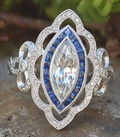 artdecolover71's Vintage Marquise Pave Diamond and Sapphire Halo Ring (Top View) - image by artdecolover71