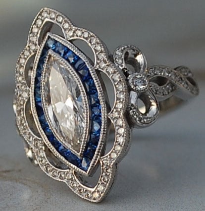 artdecolover71's Vintage Marquise Pave Diamond and Sapphire Halo Ring (Angled Top View) - image by artdecolover71 artdecolover71's Vintage Marquise Pave Diamond and Sapphire Halo Ring (Angled Top View) - image by artdecolover71