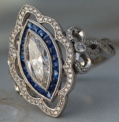 artdecolover71's Vintage Marquise Pave Diamond and Sapphire Halo Ring (Angled Top View) - image by artdecolover71