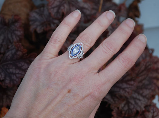 artdecolover71's Vintage Marquise Pave Diamond and Sapphire Halo Ring (Hand View) - image by artdecolover71