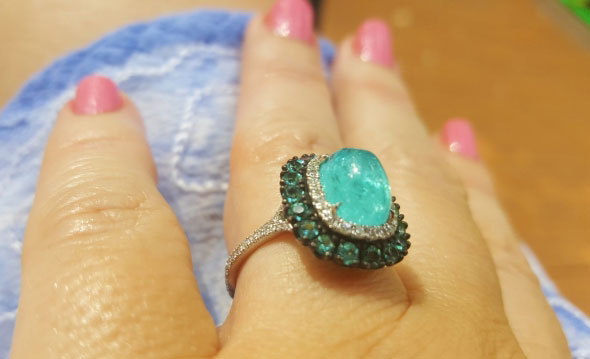 doberman's Split Shank Oval Paraiba Tourmaline Cabochon Ring (Hand View) - image by doberman