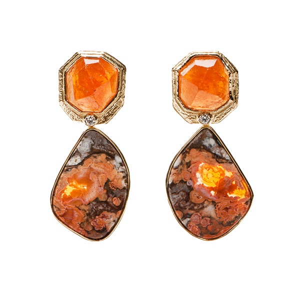 Earrings with Mexican opal and spessartite garnets by Katy Briscoe