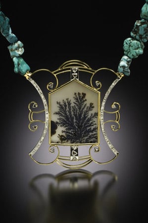 Ku Hai Winter Necklace with black, raw, and mogul-cut diamonds, dendritic agate in gold