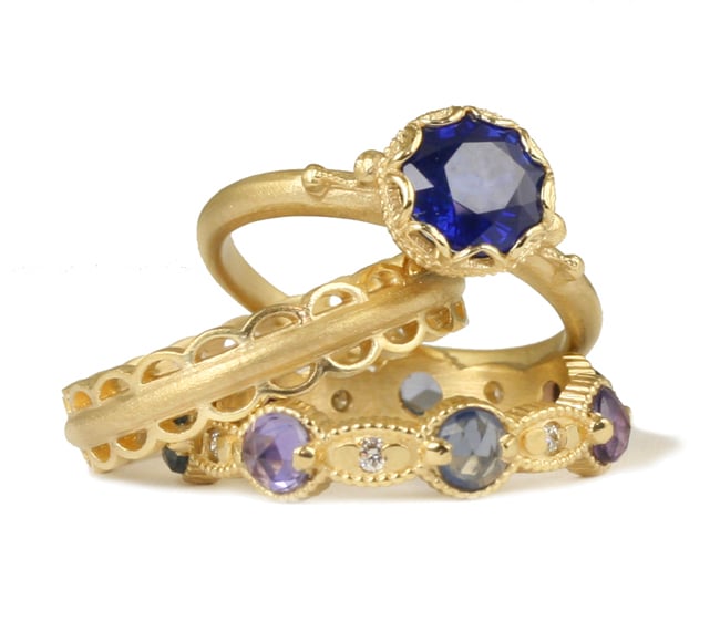 Sapphire Engagement Ring and Wedding Bands by Megan Thorne