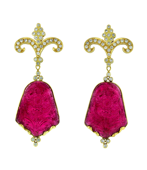 Carved rubellite and diamond earrings by Paula Crevoshay