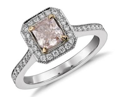 Radiant Cut Fancy Light Pink Diamond Halo Ring in Platinum (0.62 ct. center)