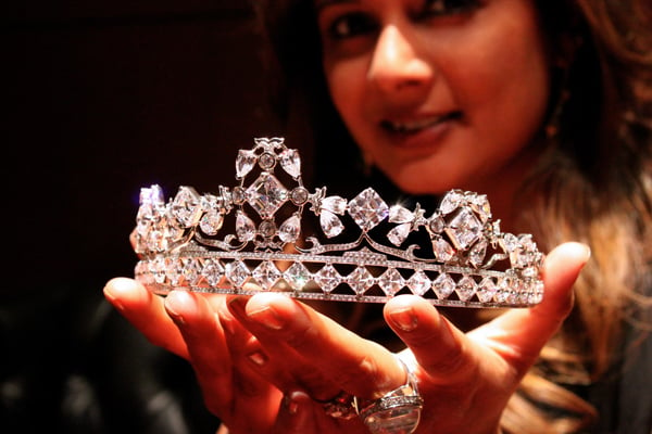Reena Ahluwalia holds the Royal Asscher Diamond Tiara designed for the Royal Wedding