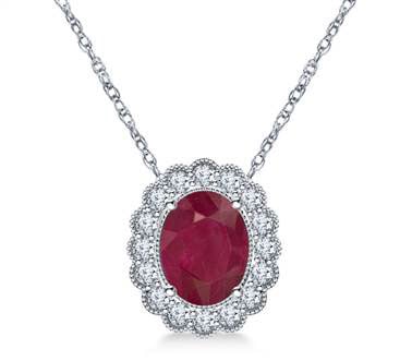 14K White Gold Ruby and Diamond Pendant Necklace with Scalloped Halo (9x7mm) at B2C Jewels