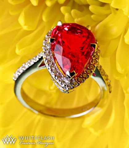 Chrono's Pear Neon Red Mahenge Spinel Halo Ring (Flower View) - image by Whiteflash