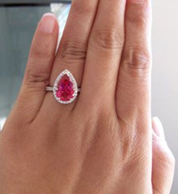 Chrono's Pear Neon Red Mahenge Spinel Halo Ring (Hand View) - image by Chrono