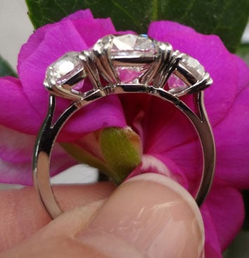 Cushioncutbride's 3 Stone Antique Engagement Ring:  5 Plus CTW Cushion Diamonds (Side View) - image by Cushioncutbride