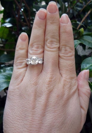 Cushioncutbride's 3 Stone Antique Engagement Ring:  5 Plus CTW Cushion Diamonds (Hand View) - image by Cushioncutbride