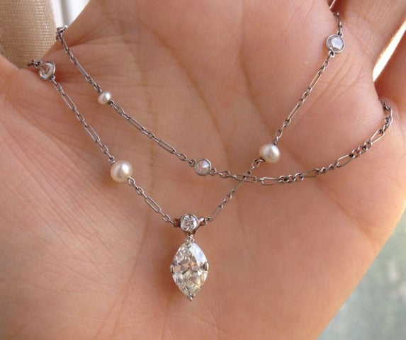 ForteKitty's Vintage 1.35 Ct Old Marquis Cut Diamond, Pearl, and OEC Necklace (Necklace Only) - image by ForteKitty