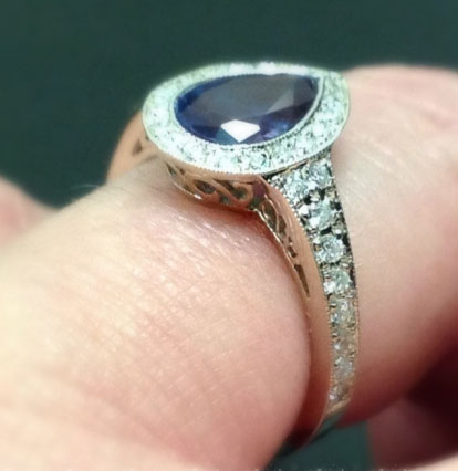 JoCoJenn's Amazing Color Changing Alexandrite Bezel Halo Pear Ring (Side Angle View) - image by JoCoJenn