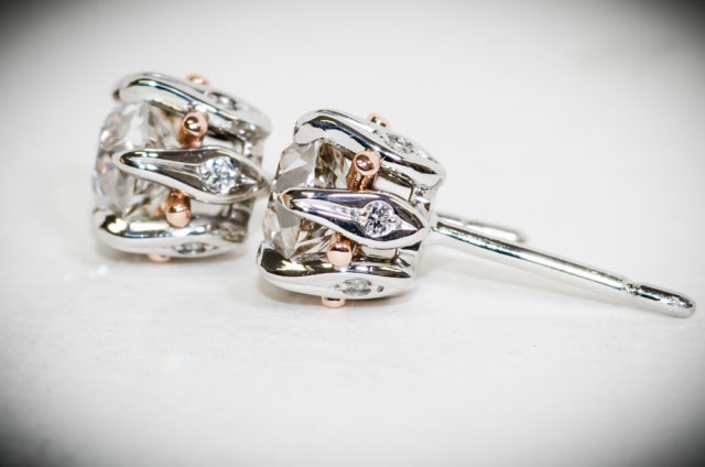 YT's Custom Platinum and Rose Gold OEC Studs (Side View) - image by Barrett Salzmann