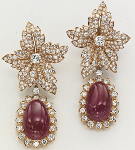 Van Cleef & Arpels ruby and diamond ear pendants formerly owned by Jacqueline Kennedy Onassis • Image: Christie's