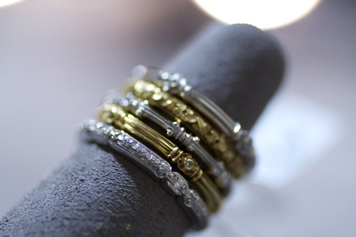 Assorted wedding bands in platinum and 18k gold by Van Craeynest