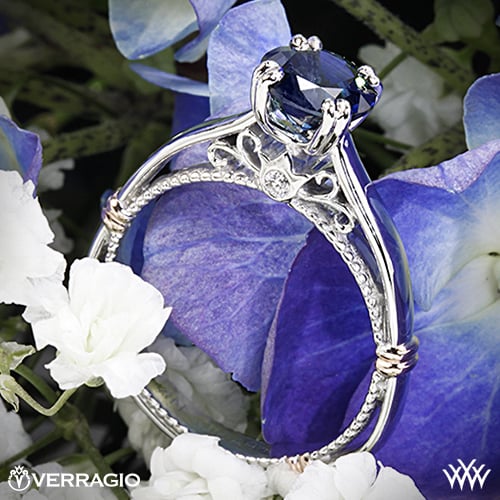 Verragio split-claw solitaire ring with blue sapphire from Whiteflash