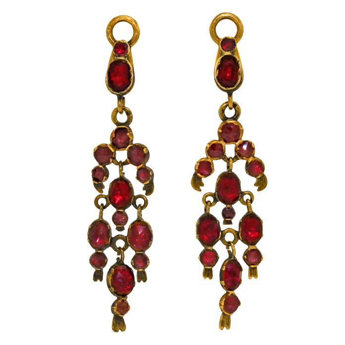 Victorian garnet dangle earrings from Lawrence Jeffrey Estate Jewelers at 1stdibs