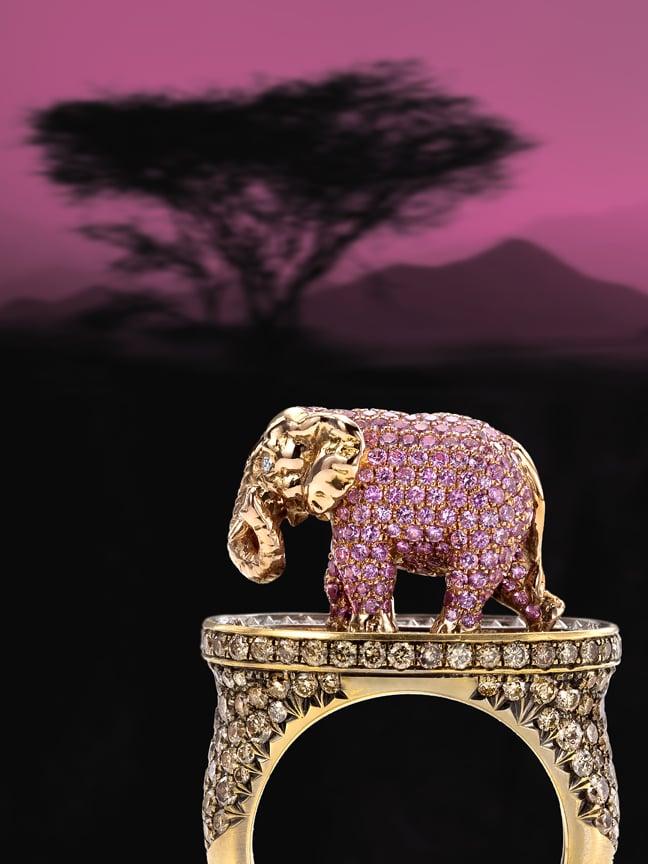Pink Elephant & Tipsy Writer Maneater ring by Wendy Brandes
