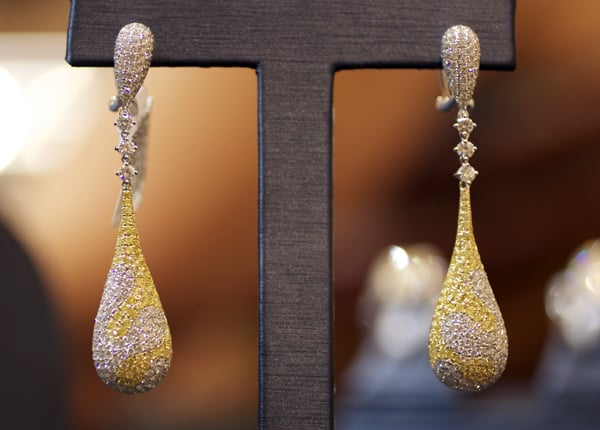 Yael Designs pavé diamond earrings with over 1,000 yellow and colorless diamonds