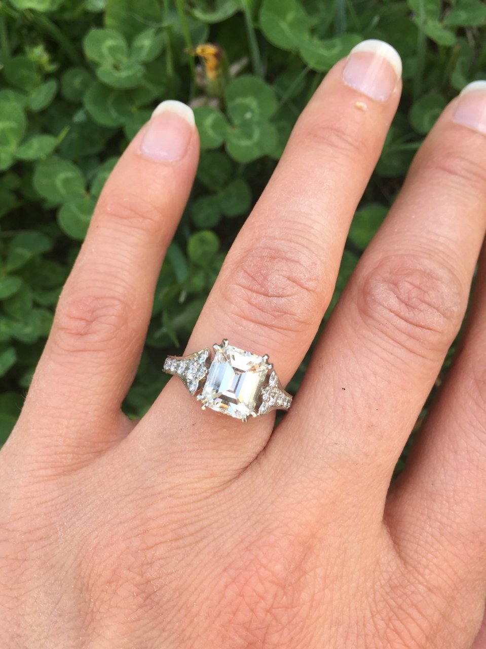 Almost-there's 2.5 emerald cut diamond vintage ring hand shot Almost-there's 2.5 emerald cut diamond vintage ring hand shot