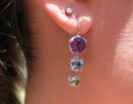 amethyst, blue zircon, and demantoid dangle earrings