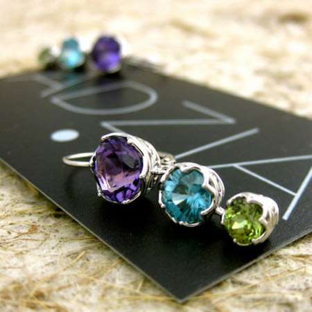 amethyst, blue zircon, and demantoid dangle earrings