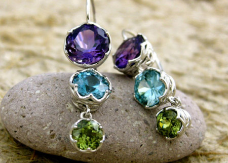 amethyst, blue zircon, and demantoid dangle earrings