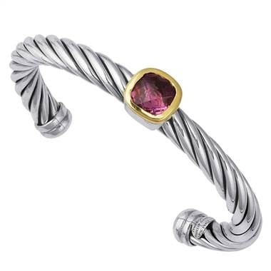 Sterling silver cuff bracelet with 18K yellow gold bezel-set amethyst at B2C Jewels 