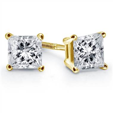 Prong set princess diamond stud earrings set in 14K yellow gold at B2C Jewels  