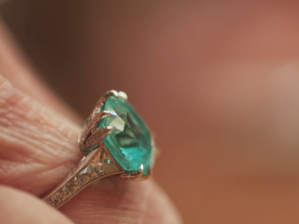 Cuprian tourmaline and French cut diamond ring