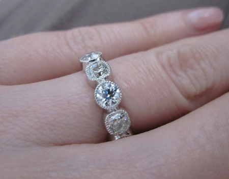 August Vintage Cushion, August Vintage Round Diamond Eternity Band