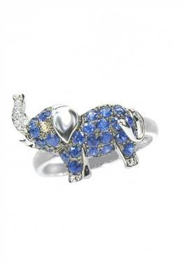 White gold sapphire and diamond elephant ring set in 14K gold