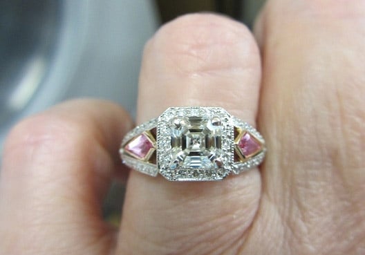 Beaudry Asscher Diamond Halo Ring with Pink Sapphires