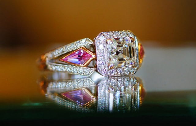 Beaudry Asscher Diamond Halo Ring with Pink Sapphires