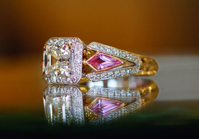 Beaudry Asscher Diamond Halo Ring with Pink Sapphires