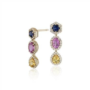 Multi-color sapphire and diamond halo drop earrings set in 18Kyellow gold at Blue Nile 